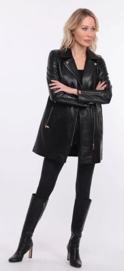 Trois Quart Cuir Femme Agneau Noir " FLAVIE COLLAR " -Maroquinerie veste cuir femme flavia collar noir 16 046181300 1420 01072023 scaled