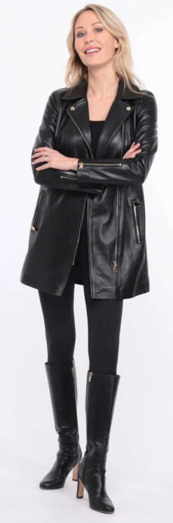 Trois Quart Cuir Femme Agneau Noir " FLAVIE COLLAR " -Maroquinerie veste cuir femme flavia collar noir 18 034049800 1420 01072023 scaled