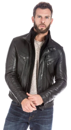Blouson Cuir Homme Noir " 100737 " Double Col