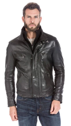 Blouson Cuir Homme Noir " 100737 " Double Col -Maroquinerie veste cuir homme noir classique 10073714163 011683300 1751 26092017
