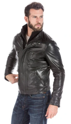 Blouson Cuir Homme Noir " 100737 " Double Col -Maroquinerie veste cuir homme noir classique 10073714164 024749600 1751 26092017