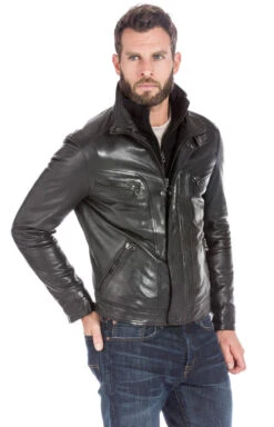 Blouson Cuir Homme Noir " 100737 " Double Col -Maroquinerie veste cuir homme noir classique 10073714165 039719700 1751 26092017