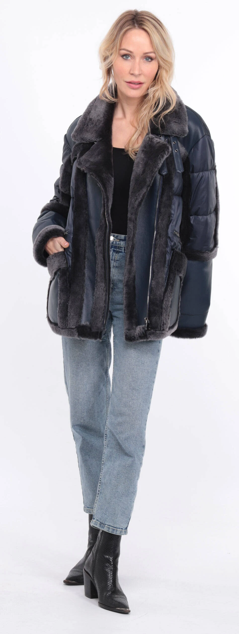 Veste Tissu + Mouton Femme Marine " INTEME " 2 Veste Tissu + Mouton Femme Marine " INTEME " – Image 2