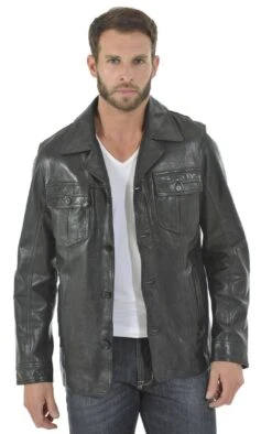 Veste Courte Cuir Agneau Lave Homme Noir Blazer Tendance " 100150 " -Maroquinerie veste ralph noir pose 1 007175500 1727 15052014