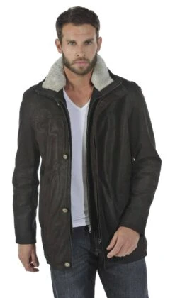 Trois Quart Cuir Homme Marron Vachette Timber Aspect Nubuck Classique Col Fourrure " TYLER " -Maroquinerie veste tyler timber face 085762100 1728 15052014
